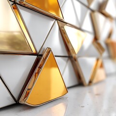 Poster - Triangle Reflections Gold and White Faceted Surface Artistic Design Modern Geometric Pattern.