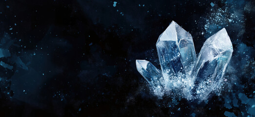 Poster - Stunning Ice Crystals Glimmering Against Dark Background with Sparkling Effects, copy space for text.