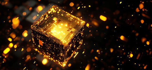 Poster - Glowing digital cube with intricate patterns and floating particles in dark background, copy space for text.