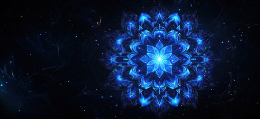 Poster - Blue glowing mandala design with intricate patterns and cosmic background, copy space for text.