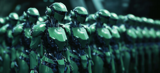 Poster - Futuristic green robots lined up in formation showcasing advanced technology and design, copy space for text.