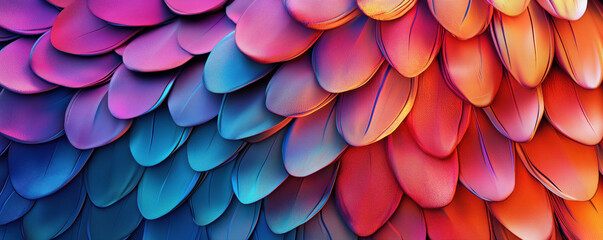 Poster - Colorful abstract texture of overlapping scales in vibrant hues of blue, pink, and orange, copy space for text.