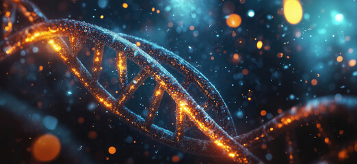 Poster - Glowing DNA Helix Structure with Sparkling Particles in Dark Background, copy space for text.