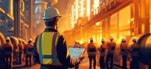 Poster - Industrial worker overseeing operations in manufacturing facility with safety gear and clipboard, copy space for text.