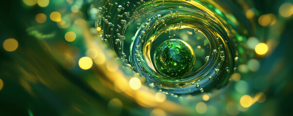 Poster - Swirling green vortex with glowing orbs and bubbles in abstract digital art, copy space for text.