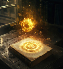 Poster - Magical glowing symbols emerging from ancient book in mystical library setting, copy space for text.