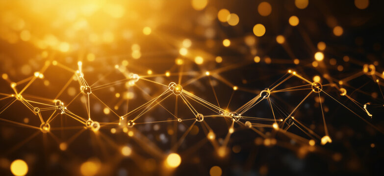 Abstract golden network connections with glowing nodes and blurred background, copy space for text.