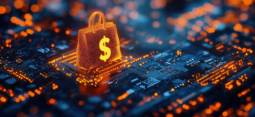 Poster - Digital shopping bag with dollar sign on circuit board background representing e-commerce, copy space for text.