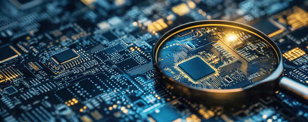 Poster - Magnifying glass revealing intricate details of a computer circuit board, copy space for text.