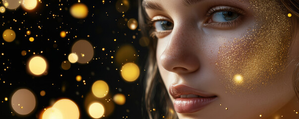 Poster - Close-up portrait of a woman with golden glitter on her face and sparkling bokeh background, copy space for text.