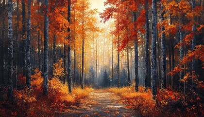 Aufkleber - Autumn forest path lined with vibrant orange and yellow leaves during sunset in a serene wooded area
