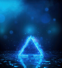 Fototapete - Glowing blue triangle shape with sparkling effects on dark background, copy space for text.
