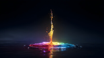 Poster - Rainbow Water Splash: A vibrant display of colorful water droplets erupting from a smooth, dark surface, showcasing the beauty and energy of liquid dynamics and chromatic art.