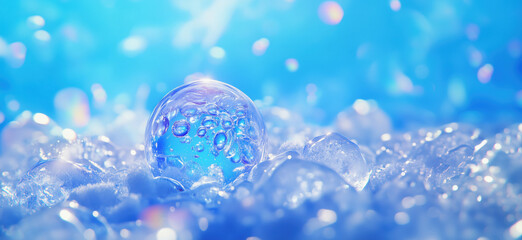 Poster - Blue bubble surrounded by ice and water droplets in a dreamy atmosphere, copy space for text.