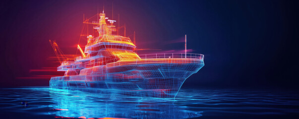 Poster - Futuristic wireframe ship design illuminated in vibrant colors on dark water background, copy space for text.