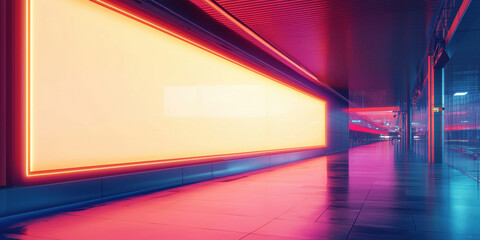 Poster - neon-lit corridor with large blank advertising space and vibrant reflections.