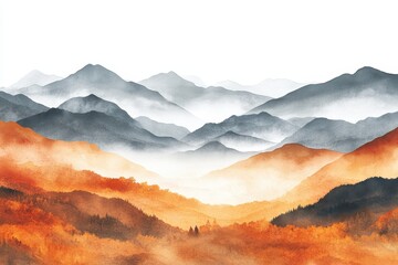 Poster - Vibrant orange foliage contrasts against a misty gray background on rocky terrain in a serene natural landscape during early morning