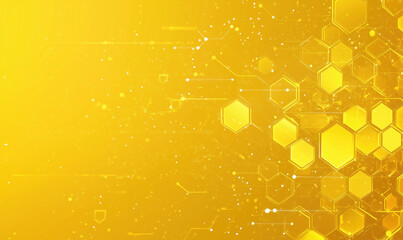 Poster - Abstract yellow hexagonal background with glowing lines and particles for technology design.