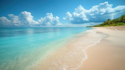 Poster - Tropical beach with palm trees and calm turquoise waters on a sunny day in the Caribbean