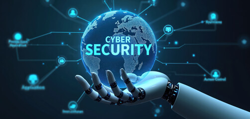 Poster - Robotic hand holding glowing globe with cyber security text. Digital world network. Data protection concept. Futuristic information technology, internet connection. Online safety, secure access,