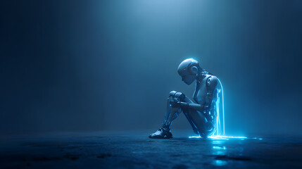 Fototapete - Embracing the Future's Embrace: A contemplative android, bathed in ethereal blue light, embodies technological introspection against an atmospheric backdrop.
