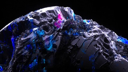 Wall Mural - 3d render of abstract art with surreal mineral geology stone object ocean coral reef or asteroid or winter ice cold mountain rock stone object on a black background with neon fluorescent glow elements