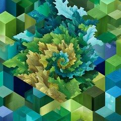 Poster - Verdant Swirl Mosaic A Kaleidoscope of Green and Blue Botanical Geometry in Abstract Design.