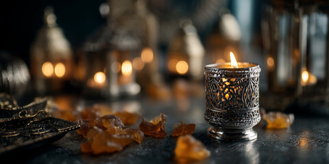 Poster - Lit candle in ornate metal holder, surrounded by blurred lanterns and amber crystals.  Evokes warmth, serenity, and a sense of calm.  Perfect for relaxation or spiritual themes.