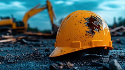 Aufkleber - A yellow hard hat is laying on the ground next to a construction site