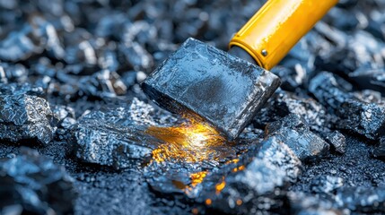Poster - A yellow tool is being used to break up a pile of rocks