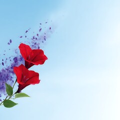 Poster - Vibrant Red Flowers with Lilac Splatters in a Light Blue Sky Artistic Presentation of Floral Beauty.