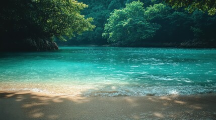 Poster - Serene beach with clear turquoise water and lush vegetation under bright sunlight on a calm afternoon in a tropical paradise