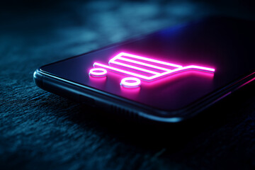 Poster - smartphone showcasing neon pink shopping cart icon, dark background, symbolizes online shopping, mob