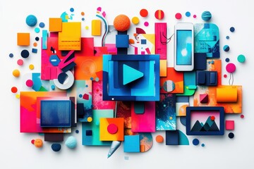Leinwandbilder - Colorful abstract digital workspace showcasing two individuals engaged with technology and creative elements in a modern setting