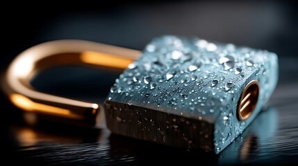 Poster - Wet Metallic Padlock Shines With Security Assurance on Dark Surface Protection From Cyber Threats.