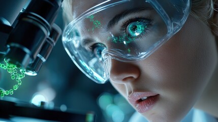 Aufkleber - A woman wearing a pair of green goggles is looking through a microscope