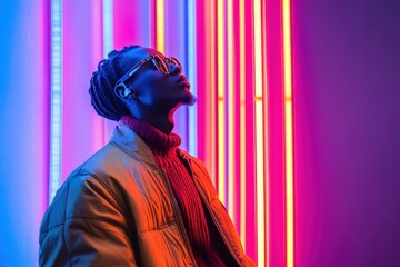 Poster - Stylish individual poses confidently under vibrant neon lights in an urban setting during nighttime with colorful reflections illuminating the surroundings