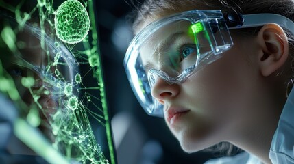 Aufkleber - A girl wearing a pair of green goggles is looking at a computer screen with a gr