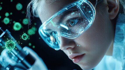 Aufkleber - A woman wearing blue goggles is looking at a microscope