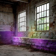 Poster - Windows in Old Brick Building with Purple Hues in Abandoned Interior Space for Architectural Study.