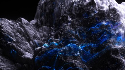 Wall Mural - 3d render of abstract art with surreal mineral geology stone object ocean coral reef or asteroid or winter ice cold mountain rock stone object on a black background with neon fluorescent glow elements