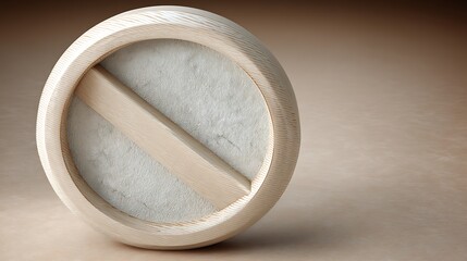 Poster - Wooden Circle Crossbar Object with White Textured Interior Surface Standing on Tabletop Display.