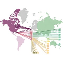 Poster - World Map with Intercontinental Flows and Global Connections Visualized in Abstract Style.