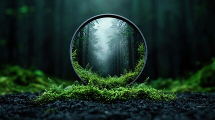 Poster - A round, green, mossy circle is surrounded by a forest