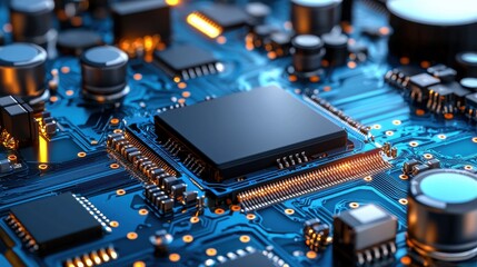 Poster - A close up of a computer chip with a blue background