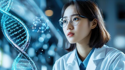 Poster - A woman wearing glasses is looking at a DNA strand