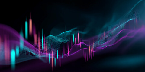 Poster - abstract image of flowing, luminous teal and purple waves with vertical lines, creating a dynamic an