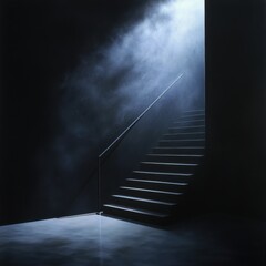 Poster - A staircase is lit by a light shining through a window