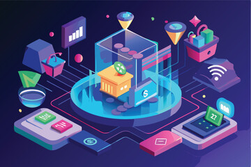 Aufkleber - Innovative vector illustration showcasing modern technology concepts with futuristic interfaces and digital representations of data analytics in a sleek environment