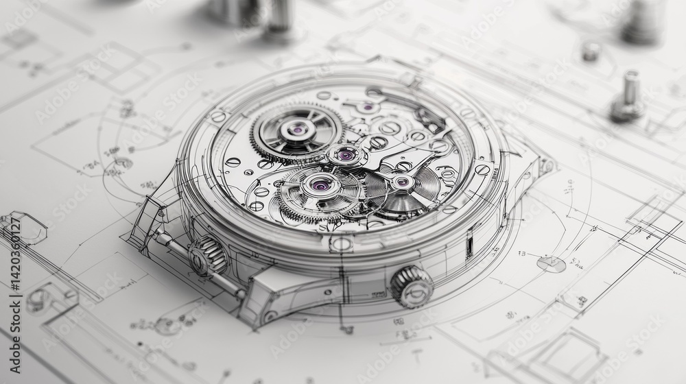 Detail of a watch mechanism surrounded by technical drawings showcasing ...